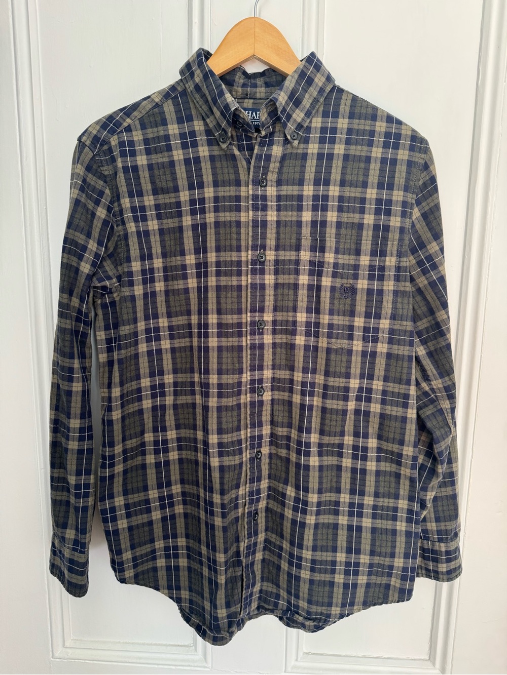 Chaps Navy Blue Olive Green Plaid Flannel Shirt Men's Small 100% Cotton